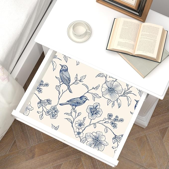 Beige Wallpaper Peel and Stick Blue Floral Bird Vintage Contact Paper 17.5" x - Image 7