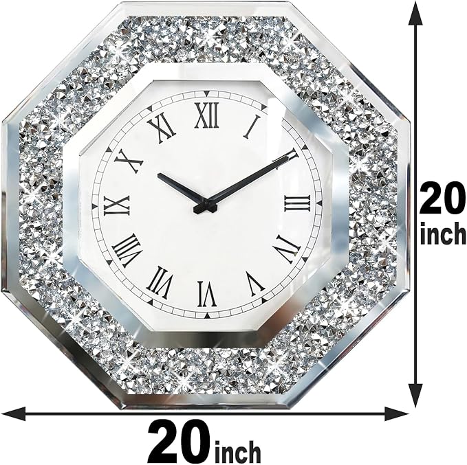 Wall Clock, Octagon Mirror Glass Clock, Cute Diamond 20-inch Non-Ticking Clock - Image 3