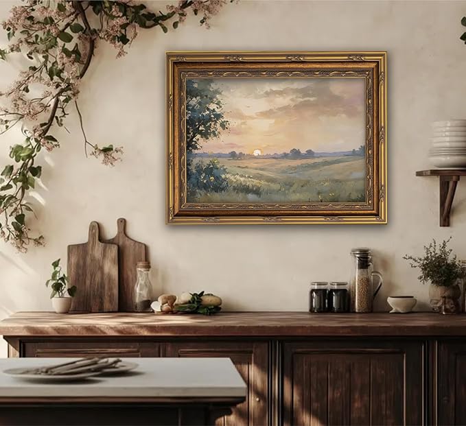 Vintage Gold Framed Wall Art Retro Fall Sunset Country Oil Painting Canvas - Image 8