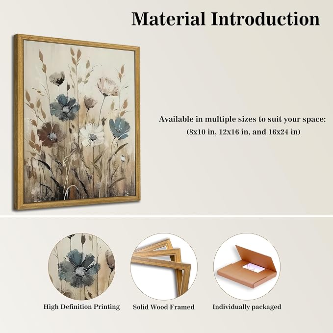 Yaneiro Wood Framed Vintage Wildflower Wall Art, Boho Canvas Wall Decor - Image 3