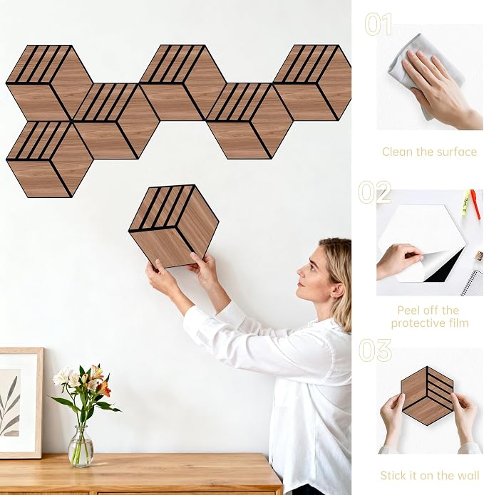 Mollywell Acoustic Panels, PVC Wood-Grain, 14x12 Inch Hexagon Carved Sound - Image 6