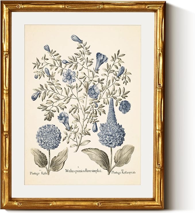 InSimSea Gold Bamboo Framed Canvas Wall Art, Retro Blue Hydrangea Botanical by InSimSeaArt