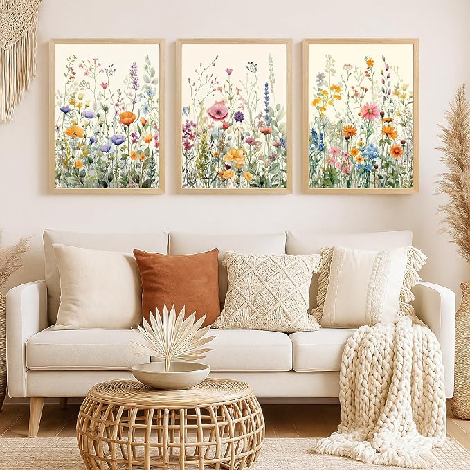 LLEEMPI Watercolor Floral Wall Art Set of 3, Colorful Wildflower Wall Decor - Image 5