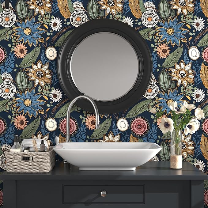 Boho Wallpaper Peel and Stick, Dark Vintage Floral Contact Paper, Retro - Image 2
