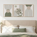 Framed Sage Green Boho Wall Art Bedroom, 3 Piece Beige Bohemian Canvas by Cuspin