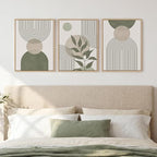 Framed Sage Green Boho Wall Art Bedroom, 3 Piece Beige Bohemian Canvas by Cuspin