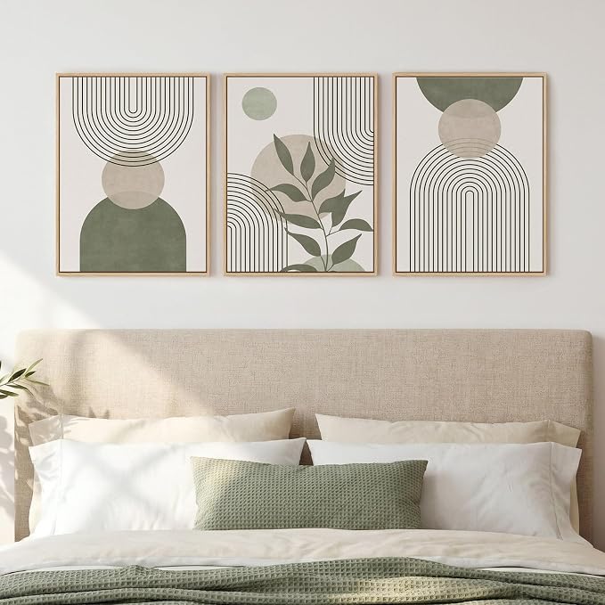 Framed Sage Green Boho Wall Art Bedroom, 3 Piece Beige Bohemian Canvas by Cuspin
