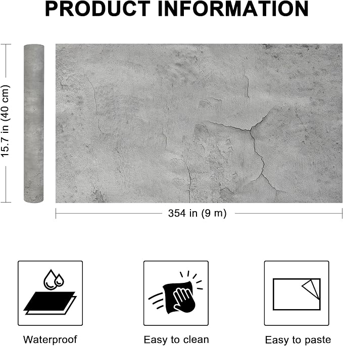 WADILE Light Gray Concrete Wallpaper 15.7 in * 354 in, Cement Contact Paper 3D - Image 2