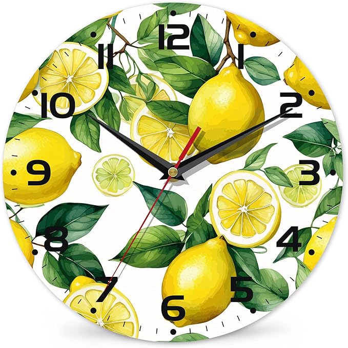Wall Clock, Watercolor Lemon Wall Clock Silent Non-Ticking Battery Operated by DEMACYA