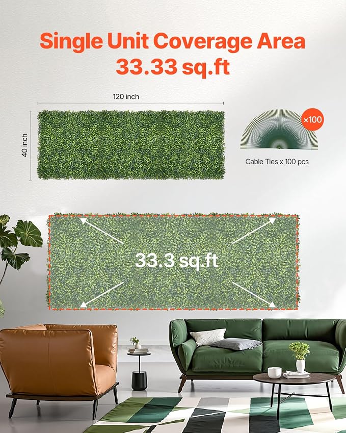 VEVOR Artificial Grass Wall Panels, 40 x 120 inch, Milan Grass Greenery Boxwood - Image 6