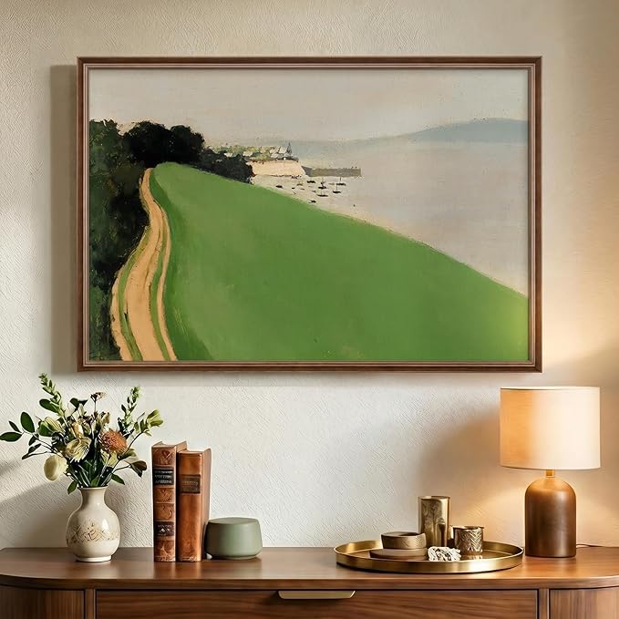Vintage Framed Green Abstract Landscape Wall Art, Modern Minimalist Coastal by Cuspin