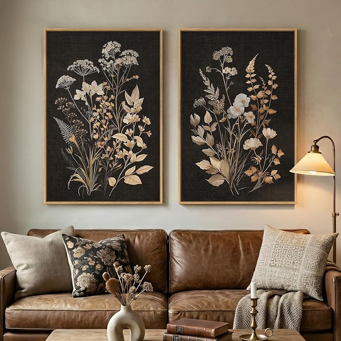 Large Framed Vintage Botanical Wall Art Set of 2, Neutral Farmhouse Moody by Cuspin