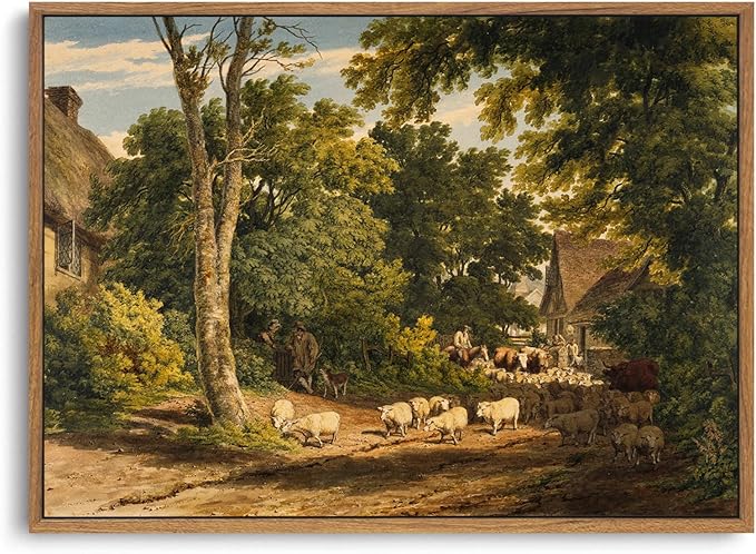 OIQArtOIQ Vintage Framed Wall Art Rural Farm Scene Canvas Art Prints by OIQArtOIQ