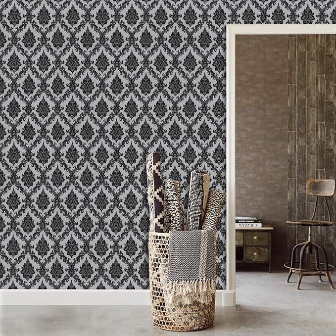 17.7" x 197" Peel and Stick Wallpaper Black Vintage Wallpaper Damask Contact - Image 9