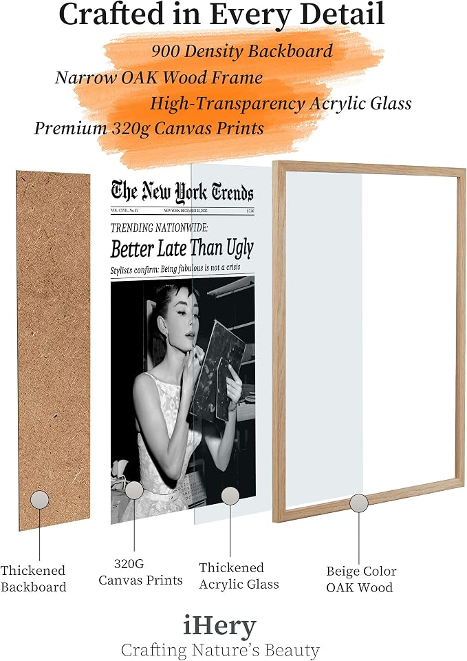 iHery Natural OAK Wood Audrey Hepburn Trendy Framed Wall Art, Better Late Than - Image 6