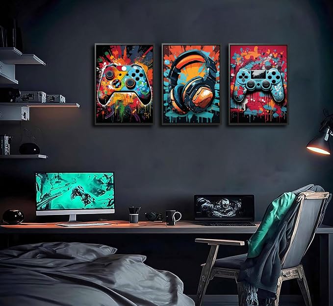3Pcs Framed Cool Gaming Wall Art Retro Video Gamer watercolor Posters Pictures - Image 7