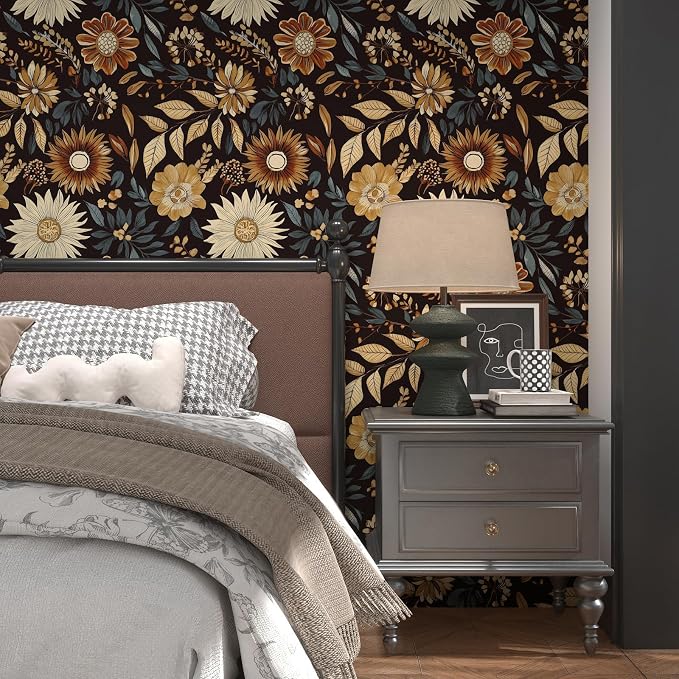 Boho Floral Wallpaper Peel and Stick, Vintage Dark Sunflower Contact Paper - Image 2