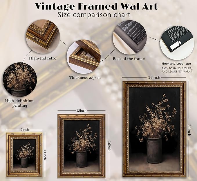 Vintage Gold Framed Wall Art Fall Dried Flowers Antique Vase Country Oil - Image 4