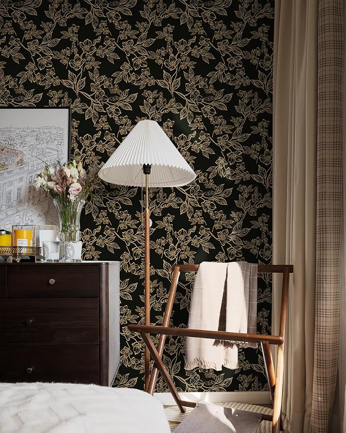 Ismoon Peel and Stick Wallpaper Black and Gold Stick on Wallpaper Dark Floral - Image 8