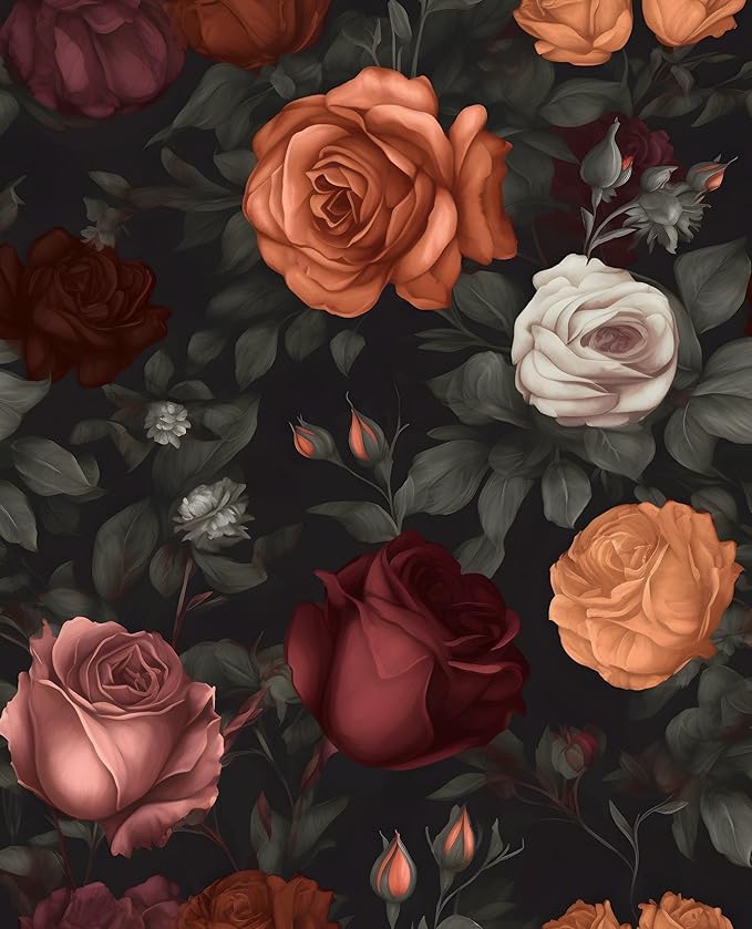 Laatse Dark Floral Peel and Stick Wallpaper Vintage Orange/Red Floral Contact by Laatse