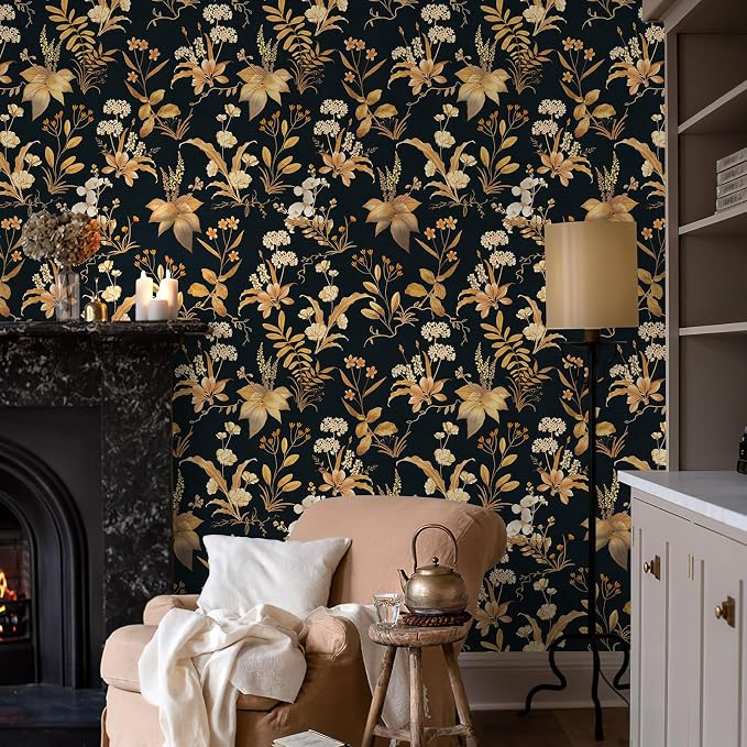Simon&Siff Vintage Wallpaper Peel and Stick Black Gold Floral Wallpaper - Image 6