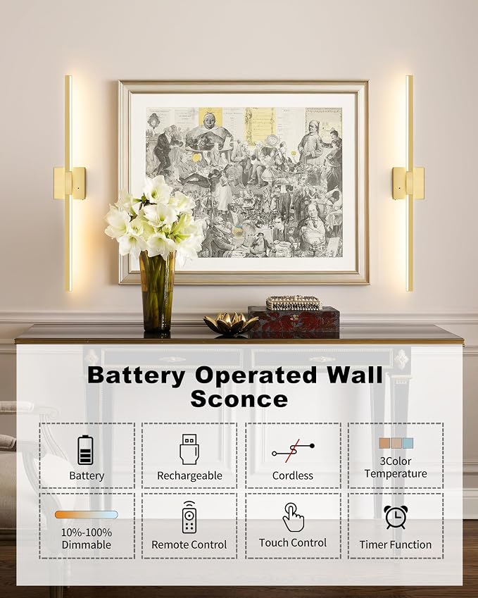 Rayogale 8000mAh Battery Operated Wall Sconce, 3000K/4500K/6000K Dimmable Gold - Image 2