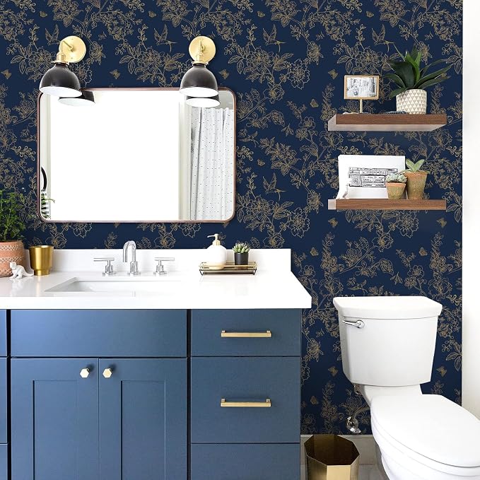 Froluya Dark Blue and Gold Vintage Floral Peel and Stick Wallpaper 17.7"x118.1" - Image 5
