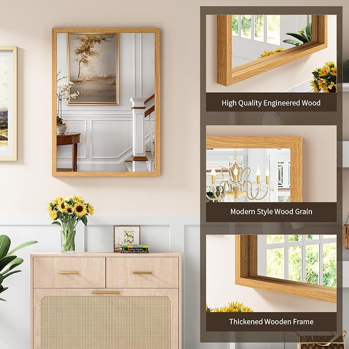 Syndra Natural Wood Frame Bathroom Mirror, 22x30'' Modern Vanity Mirror - Image 3