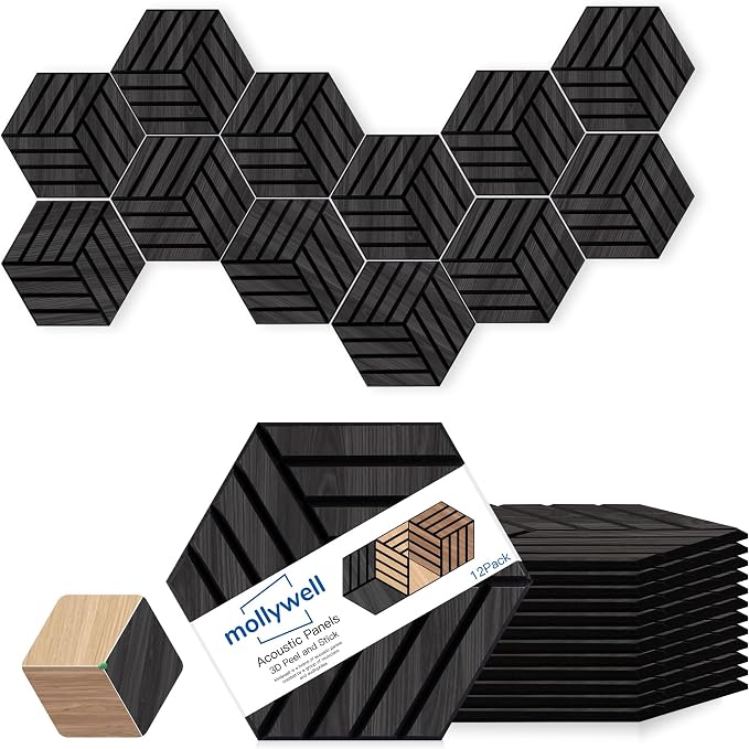 Mollywell Acoustic Panels, PVC Wood-Grain, 14x12 Inch Hexagon Carved Sound by Mollywell