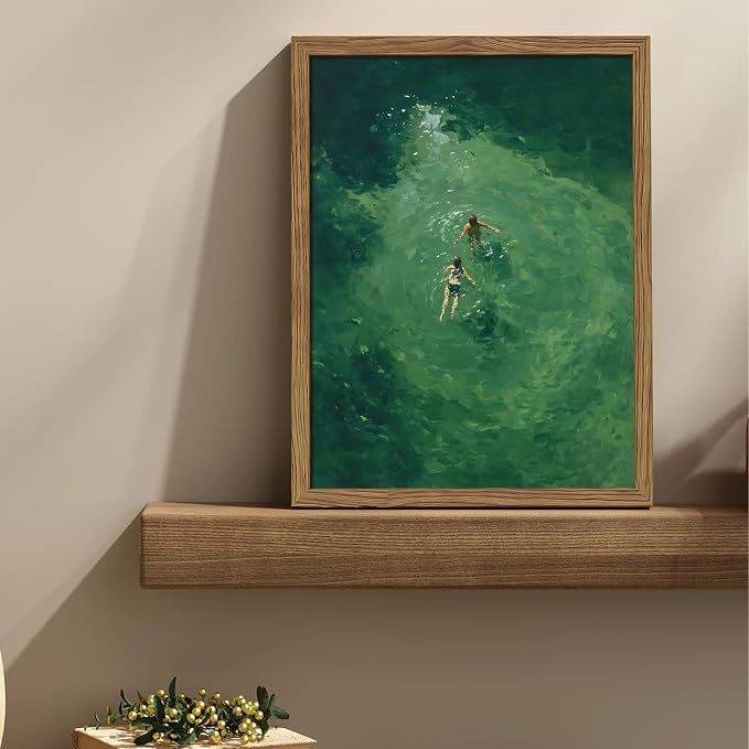 Framed Green Abstract Wall Art, Vintage Summer Swimming Canvas Wall Decor - Image 2