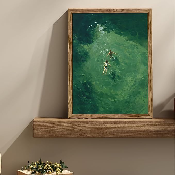 Framed Green Abstract Wall Art, Vintage Summer Swimming Canvas Wall Decor - Image 2