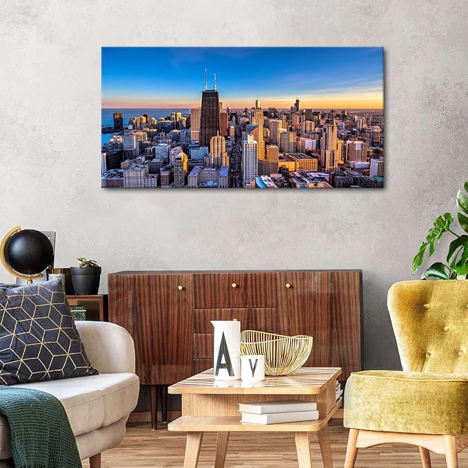 AIYISU Chicago Skyline Wall Art Chicago City Wall Decor Night Cityscape Canvas - Image 3