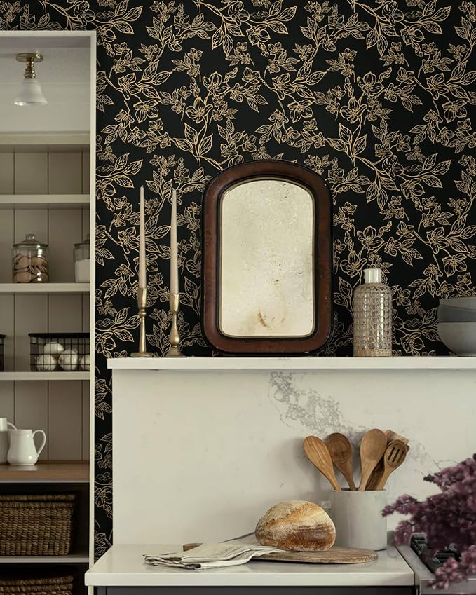 Ismoon Peel and Stick Wallpaper Black and Gold Stick on Wallpaper Dark Floral - Image 2