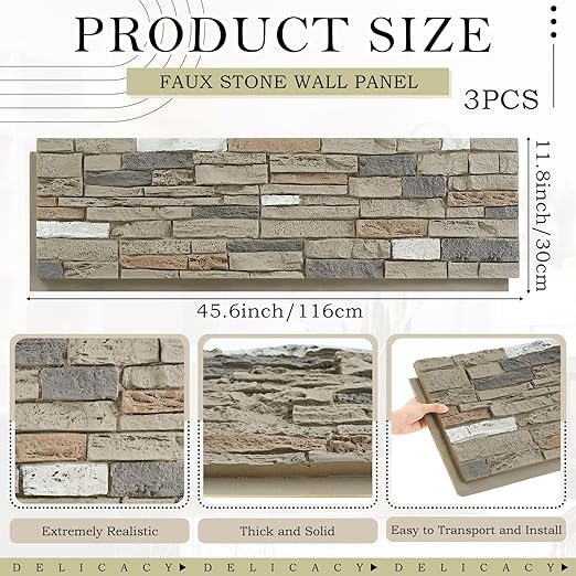 3 Pack Faux Stone Panels Interior 45.6''l x 11.8''h x 0.98''d Faux Siding - Image 2