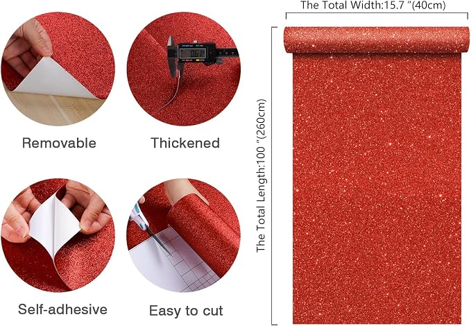 CHIHUT Red Glitter Wallpaper 15.7''x100'' Sparkle Glitter Fabric Peel and Stick - Image 9