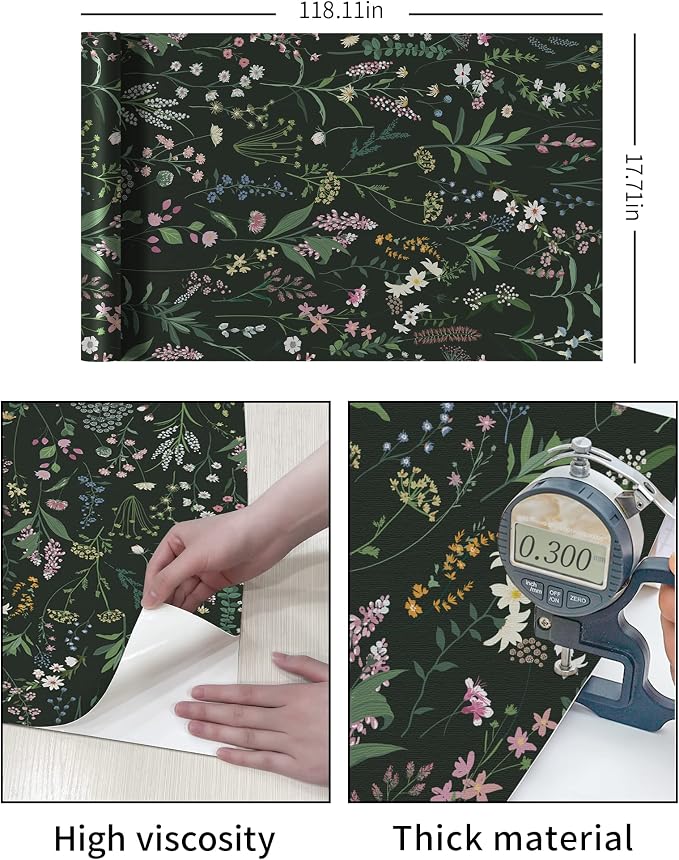 JiffDiff Floral Wallpaper Peel and Stick 17.3"x118" Dark Farm Wildwood Stick on - Image 7