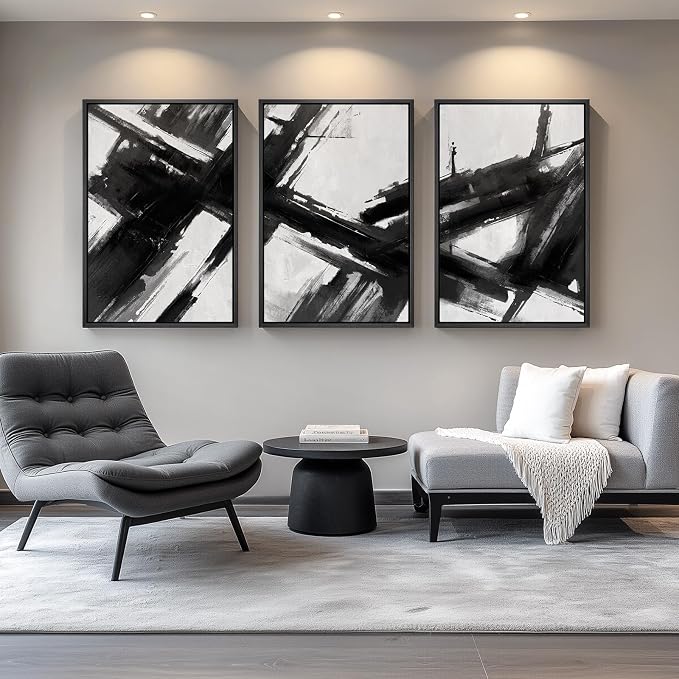 Large Framed Black and White Abstract Canvas Wall Art - Image 8
