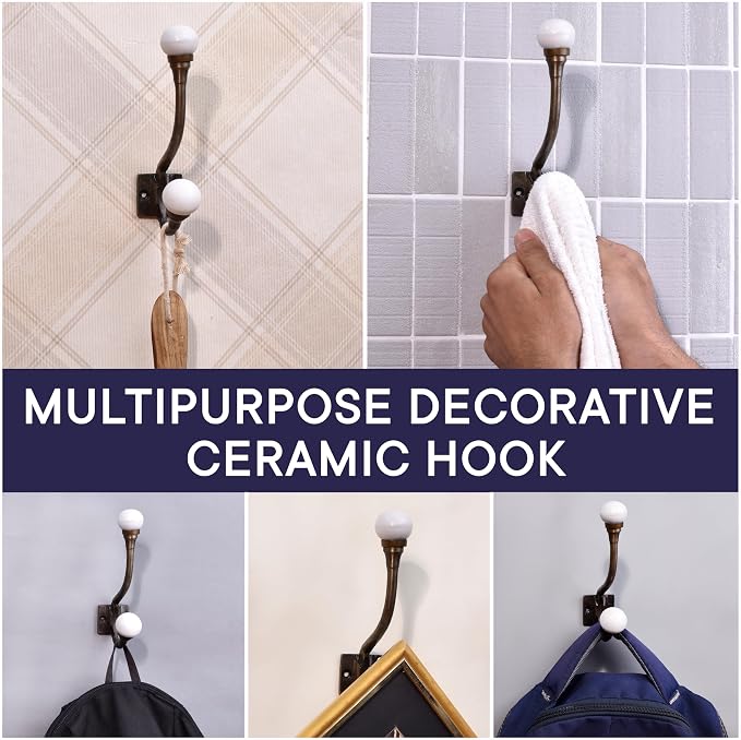 Indian Shelf Pack of 6 Heavy Duty Double Prong White Decorative Coat Hooks - Image 5