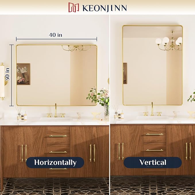 Keonjinn Gold Bathroom Mirrors for Over Sink, 40” x 30” Brushed Brass Mirror - Image 8