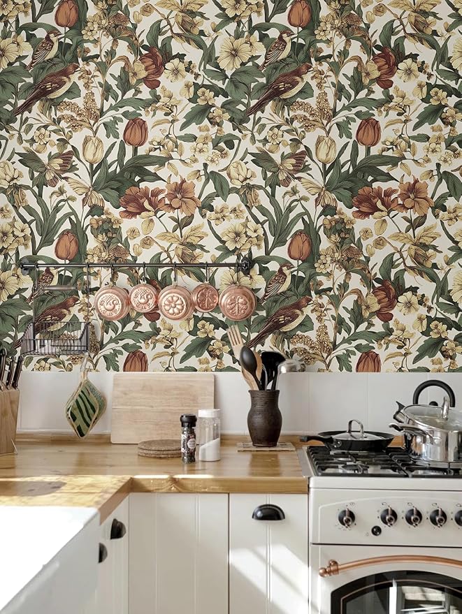 Erfoni 17.3" x197" Beige Retro Floral and Bird Contact Paper Vintage Peel and - Image 2