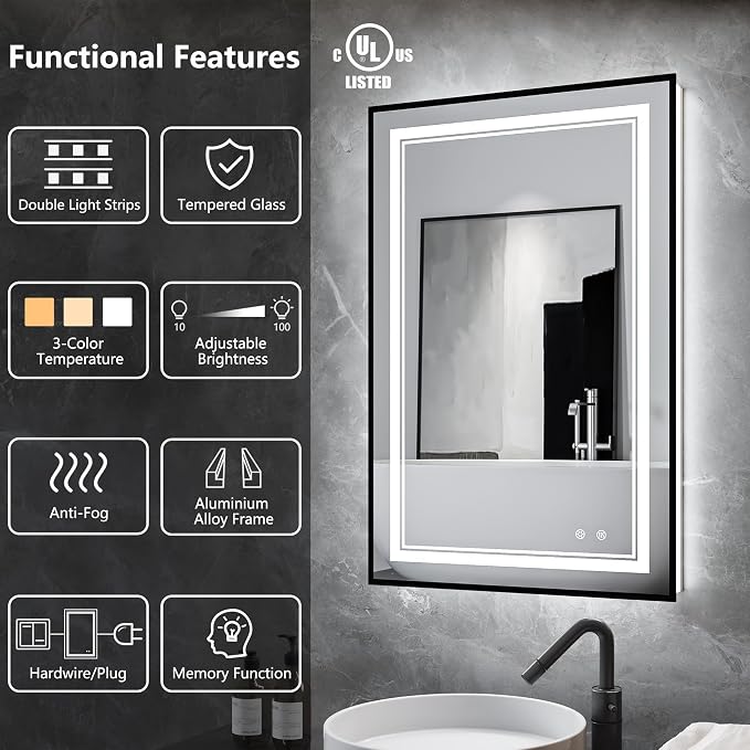 LED Bathroom Mirror with Front and Backlit 24"x36", Wall Mounted, Dual LED - Image 8