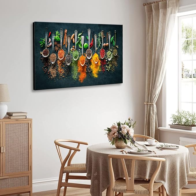 Framed Large Kitchen Wall art Pictures Decor Couful Spice in Spoon Vintage - Image 3