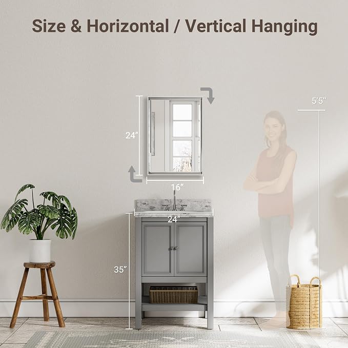 Brushed Nickel Bathroom Mirror, Rustproof Rectangle Framed Mirror - Image 2