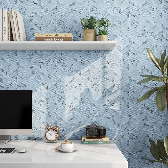Livelynine Blue Fabric Wallpaper Peel and Stick Prepasted Herringbone Faux - Image 2