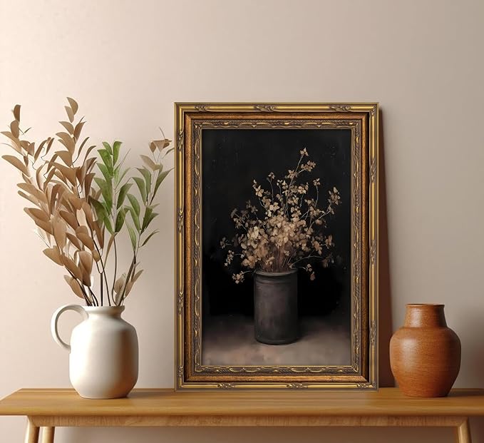 Vintage Gold Framed Wall Art Fall Dried Flowers Antique Vase Country Oil - Image 7