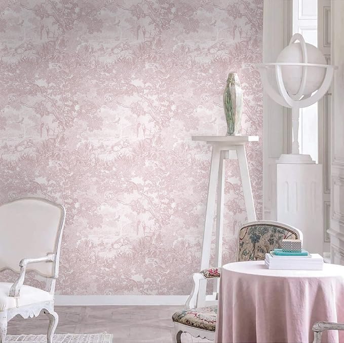 Heroad Peel and Stick Wallpaper Pink and White Vintage Forest Animals Floral - Image 3