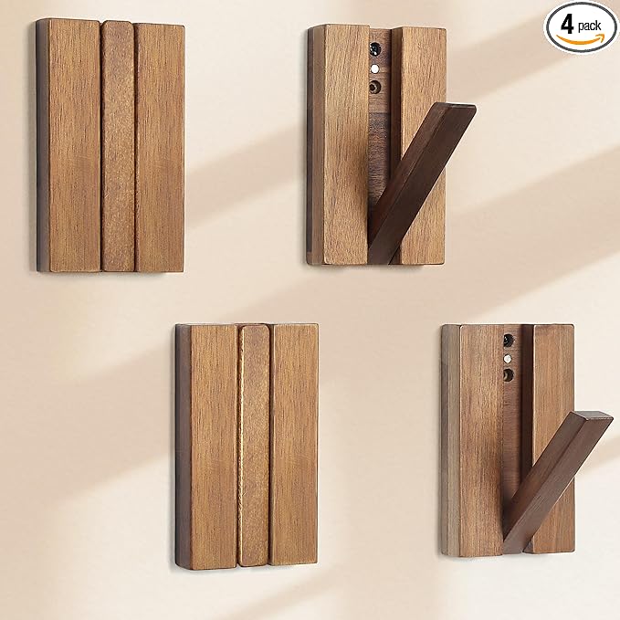 Foldable Wall Hooks 4Pack: Rustic Wooden Coat Hooks Mounted by KYIAANY