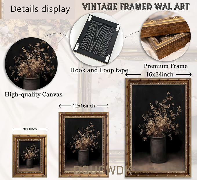 Vintage Gold Framed Wall Art Fall Dried Flowers Antique Vase Country Oil - Image 5