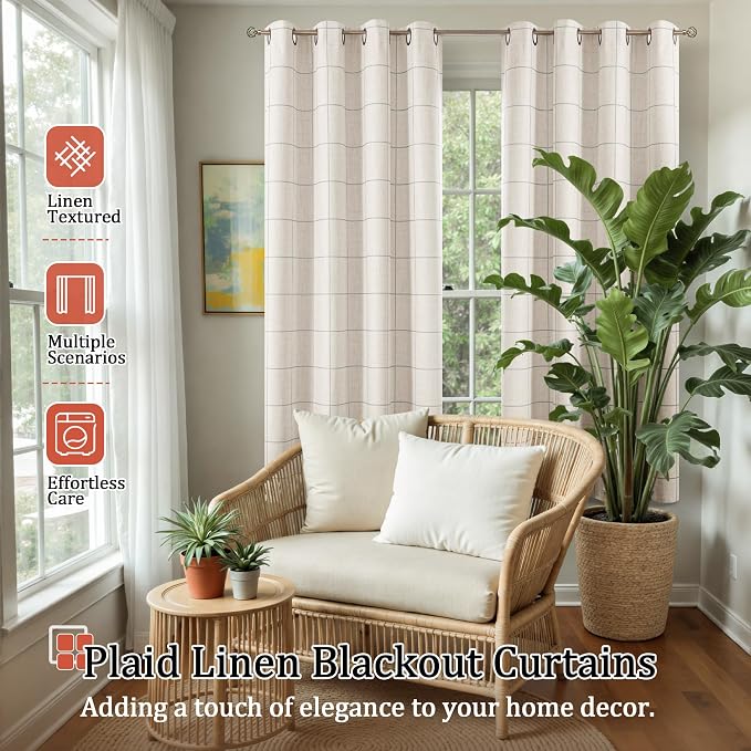 Lajode Grey Plaid Linen Blackout Curtains - Image 2