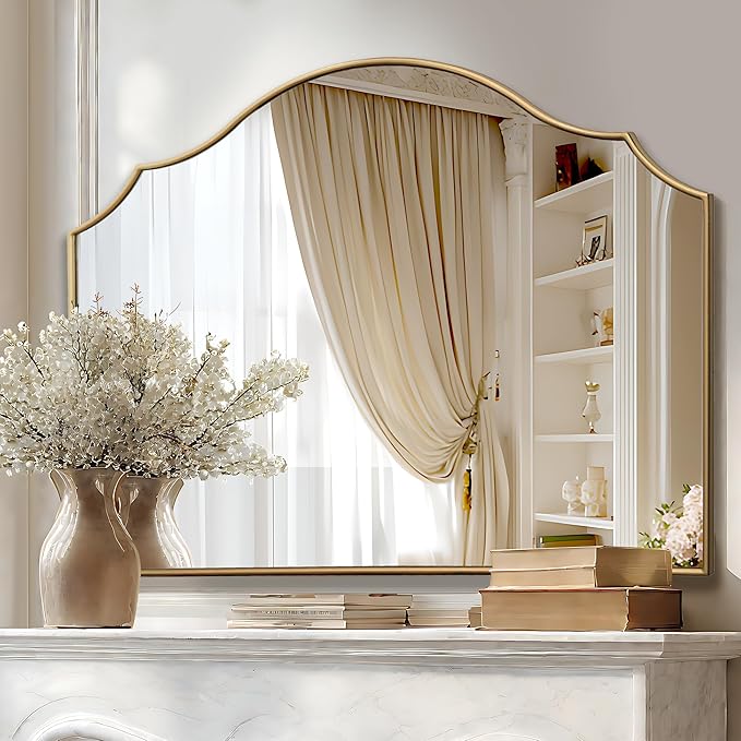 Besdomus Gold Scalloped Wall Mirror: 40"x29" Large Modern Minimalist Bathroom - Image 7